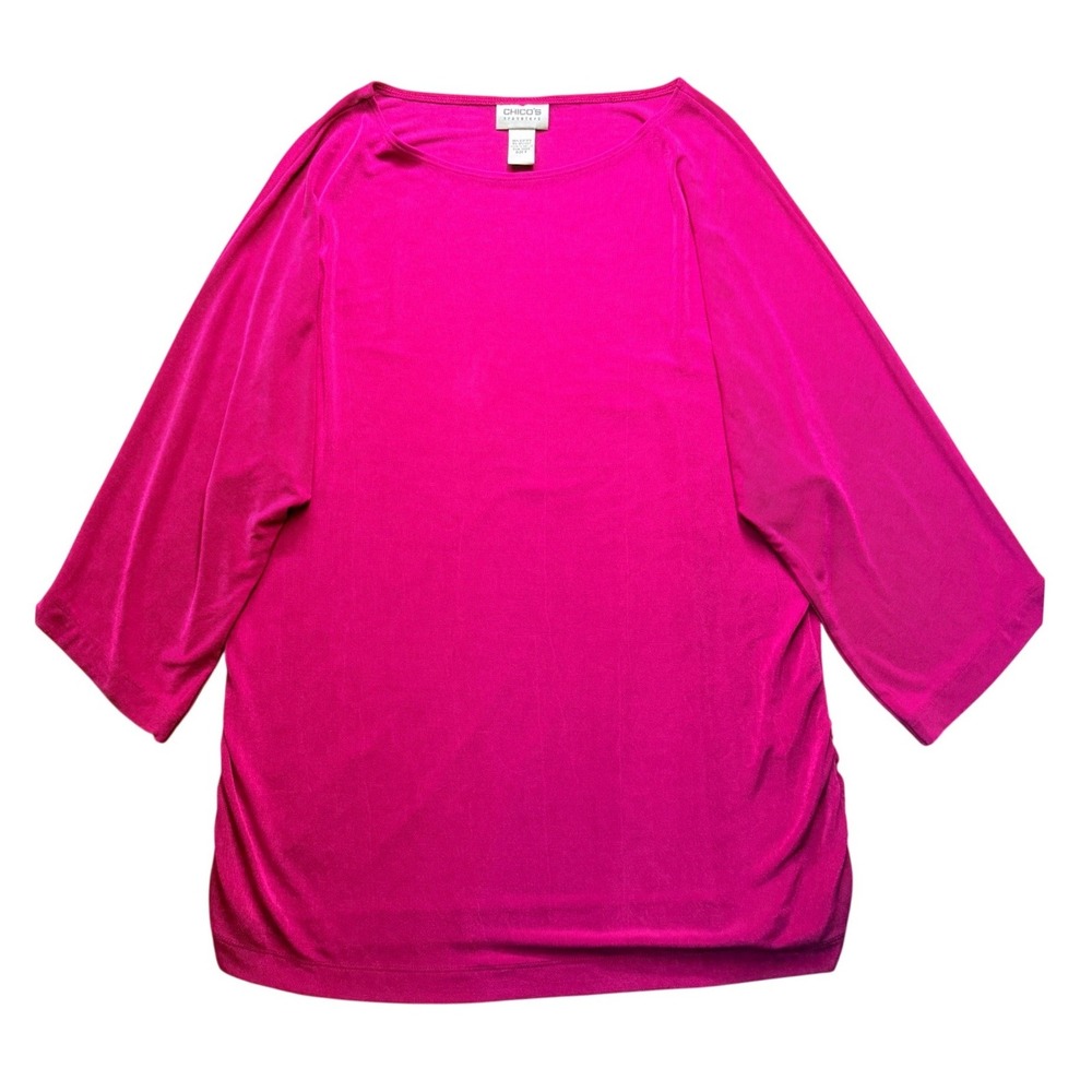 Chicos Travelers Hot Pink Boat Neck 3/4 Sleeve Ruched Top Sz 3 XL‎ office travel